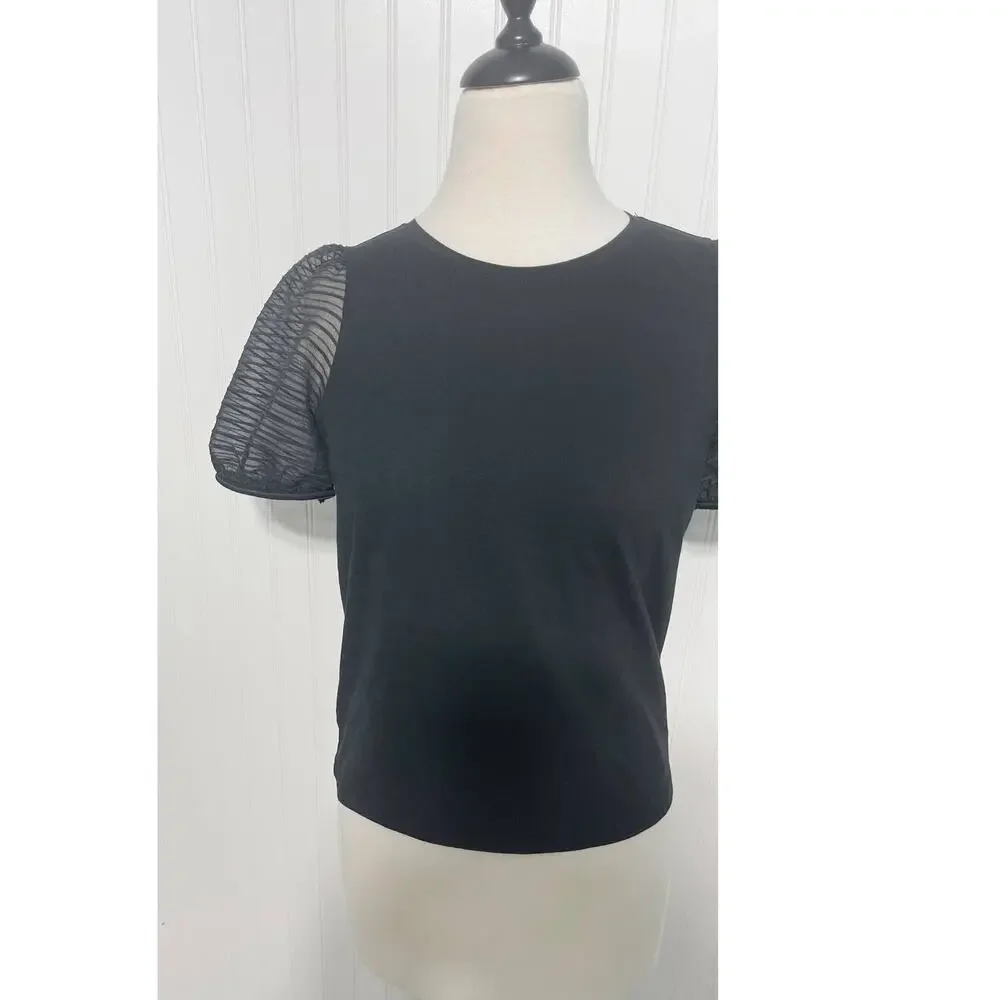 Madewell Striped Sheer Puff Sleeve Knit T-Shirt Crewneck Short Sleeve Black XS